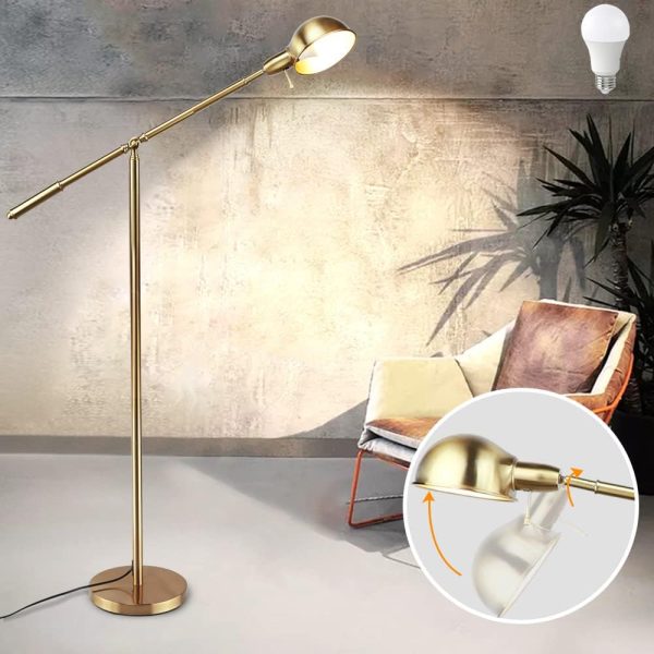 Metal Floor Lamp, Adjustable Swing Arm Reading Standing Lamp, 9W Modern Pole Light Brass Task Lighting for Living Room Bedroom Office Home Decor, E26 Bulb Included, Gold