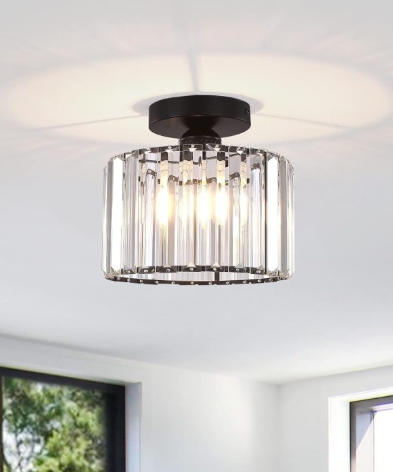 Semi Flush Mount Ceiling Light Fixture,Modern Crystal Ceiling Light Fixture, Black Hallway Semi-Flush Mount Ceiling Light Crystal Chandelier Indoor Hanging Light Fixtures