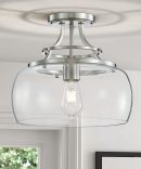 Rustic chandelier farmhouse industrial round semi flush ceiling led light fixture with clear glass blinds for bathroom kitchen entrance hall, h 30 x w 34, base e27, brushed nickel