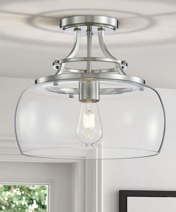 Rustic chandelier farmhouse industrial round semi flush ceiling led light fixture with clear glass blinds for bathroom kitchen entrance hall, h 30 x w 34, base e27, brushed nickel