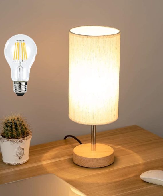 LED Bedside Lamp with USB Port Touch Control Table Lamp for Bedroom Wood 3 Way Dimmable Nightstand Lamp with Round Flaxen Fabric Shade for Living Room, Dorm, Home Office (LED Bulb Included)