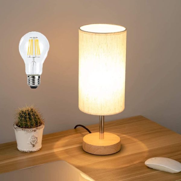 LED Bedside Lamp with USB Port Touch Control Table Lamp for Bedroom Wood 3 Way Dimmable Nightstand Lamp with Round Flaxen Fabric Shade for Living Room, Dorm, Home Office (LED Bulb Included)