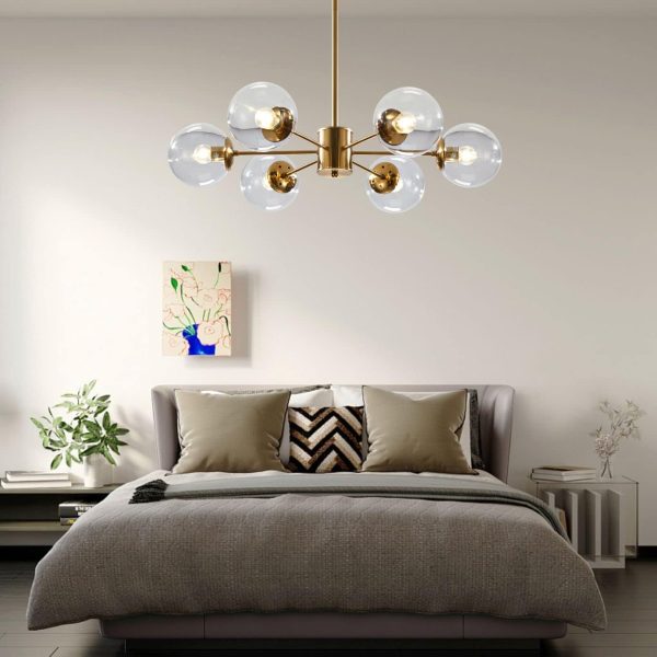 Lighting Modern 6-Light Sputnik Chandelier with Clear Glass Globe Mid Century Adjustable Ceiling Pendant Light Gold Brass Flush Mounted Fixture