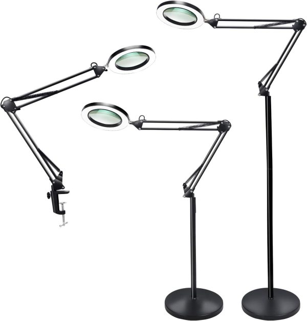 Magnifying Glass Floor Lamp, Dimmable LED Magnifying Lamp with Clamp - 12W, 3 Lighting Modes, 5 Diopter, Height Adjustable - Super Bright Floor Lamp with Magnifier for Reading, Craft, Task