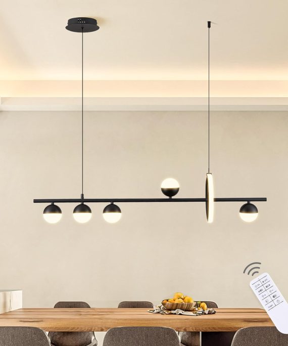 Modern LED Chandeliers for Dining Room, Dimmable Kitchen Pendant Lighting Over Island, 39in Linear Globe Chandelier Light Fixture, Black Hanging Pendant Lights for Kitchen Island (2400lm)