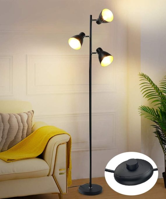 Industrial Tree Floor Lamp with 3 Bulbs, Farmhouse Black Standing Light, Skinny Tall Pole Lamp, Metal Bright Reading Lamps for Living Room Bedroom, Adjustable Heads, Foot Switch, Mid Century