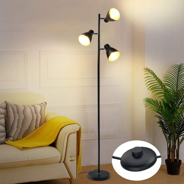 Industrial Tree Floor Lamp with 3 Bulbs, Farmhouse Black Standing Light, Skinny Tall Pole Lamp, Metal Bright Reading Lamps for Living Room Bedroom, Adjustable Heads, Foot Switch, Mid Century