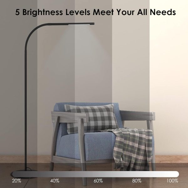 LED Modern Floor Lamps, Flexible Gooseneck Standing Reading Light W/Stable Base, 4 Color & 5 Brightness Dimmer, Touch & Remote Control, for Living Room, Chair, Couch, Office Task (Black)