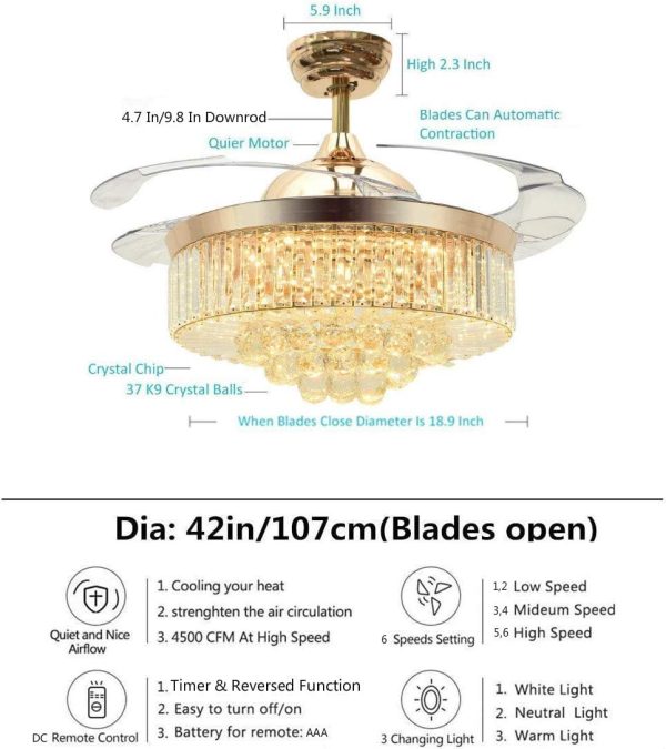 42" Reversible Ceiling Fans Chandeliers Modern Retractable Ceiling Fan with LED Light and Remote, Invisible Crystal Ceiling fan with 4 Clear ABS Blade, Diningroom Ceiling Light Kits with Fans (Gold)