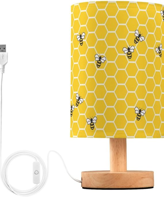 Table Lamp with USB Port Bedside Lamp Yellow Bees and Honey Small Nightstand Lamp Desk Lamp for Bedroom Gifts Office Living Room Decor