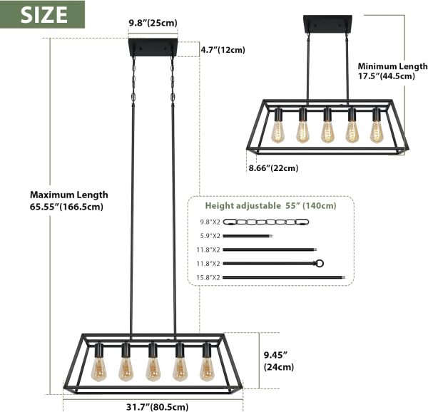 Black Farmhouse Dining Room Chandelier, Industrial Modern Island Lighting Fixture for Kitchen Island, Living Room, Bar (5-Light)