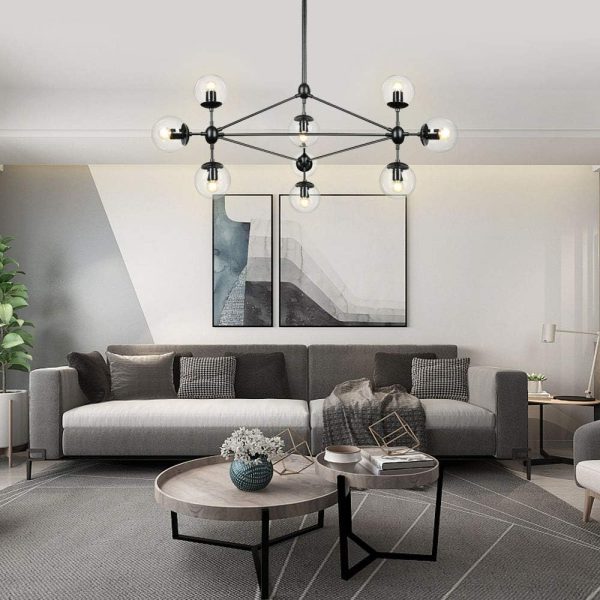 10-Light Chandelier Black Finish with Globe Glass Shade, Modern Chandelier for Kitchen Island Dining Room Living Room