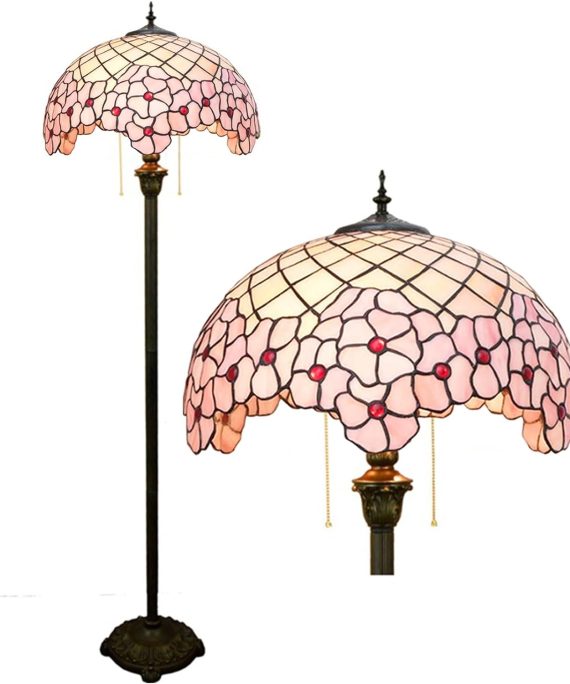Floor Lamp [2-Lights][16''WX62''h] Home Decoration Lights Antique Stained Glass Pink Cherry Blossom Standing Reading Light for Living Room Bedroom Corridor Corner Bedside