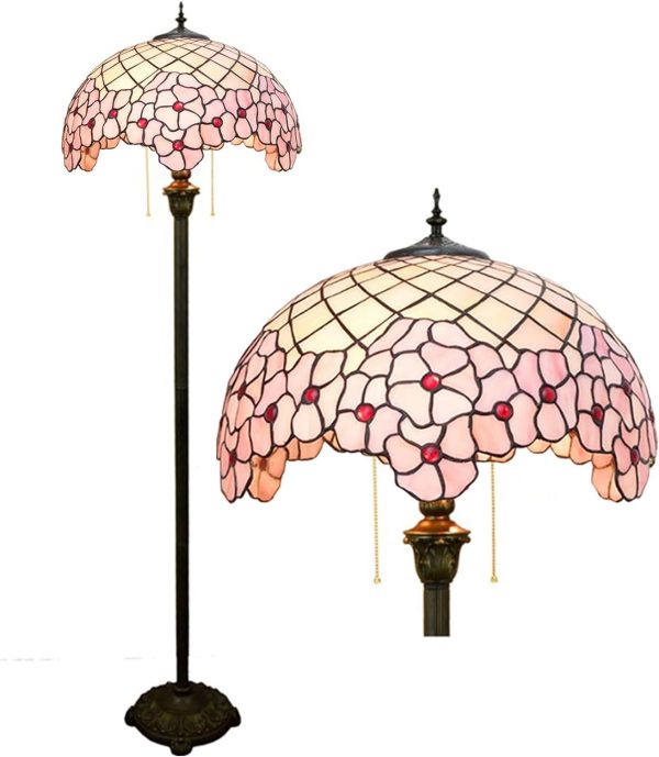 Floor Lamp [2-Lights][16''WX62''h] Home Decoration Lights Antique Stained Glass Pink Cherry Blossom Standing Reading Light for Living Room Bedroom Corridor Corner Bedside