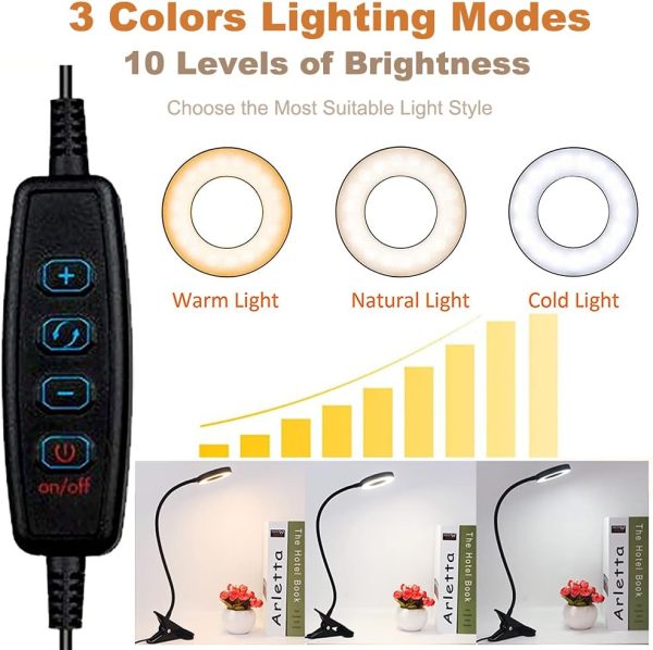 48 LED USB Desk Lamp with Clamp 3 Color 10 Dimming Level, Clip Light Eye Protection Reading Lights, USB Laptop Light for Zoom Meetings, Computer Webcam, Video Conference