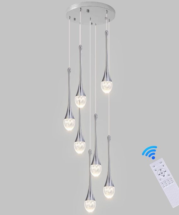 Modern Crystal Bubble Chandelier 7-Lights,High Ceiling Dimmable LED Crystal Spiral Raindrop Light for Foyer Entryway Dining Room with Remote Control Chrome