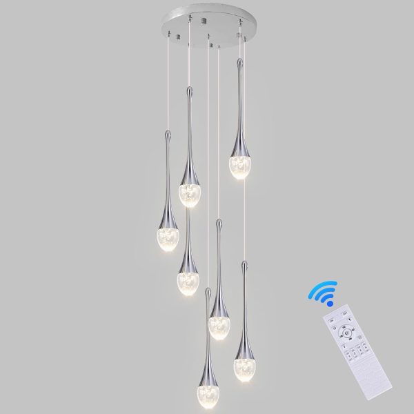 Modern Crystal Bubble Chandelier 7-Lights,High Ceiling Dimmable LED Crystal Spiral Raindrop Light for Foyer Entryway Dining Room with Remote Control Chrome