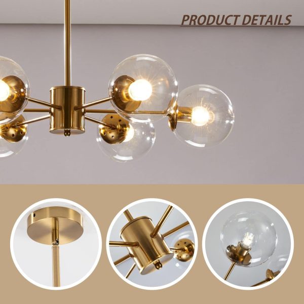 Lighting Modern 6-Light Sputnik Chandelier with Clear Glass Globe Mid Century Adjustable Ceiling Pendant Light Gold Brass Flush Mounted Fixture