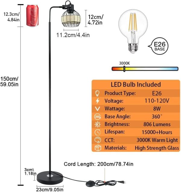 LED Floor Lamp, Adjustable Head Standing Lamp with Heavy Metal Based, Farmhouse Tall Floor Lamps Reading Lighting for Living Room, Bedroom, Study Room, Office, Black, E26 Base