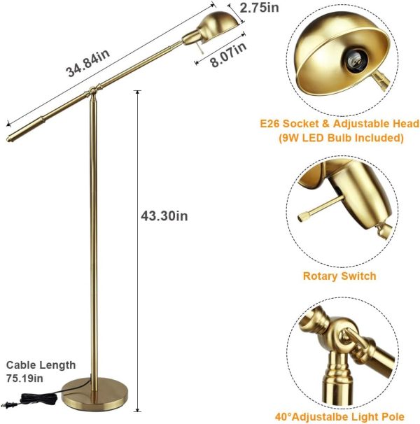 Metal Floor Lamp, Adjustable Swing Arm Reading Standing Lamp, 9W Modern Pole Light Brass Task Lighting for Living Room Bedroom Office Home Decor, E26 Bulb Included, Gold