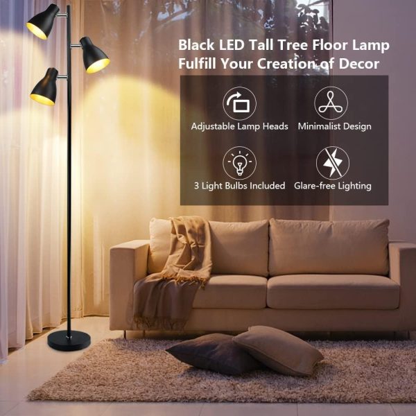 Industrial Tree Floor Lamp with 3 Bulbs, Farmhouse Black Standing Light, Skinny Tall Pole Lamp, Metal Bright Reading Lamps for Living Room Bedroom, Adjustable Heads, Foot Switch, Mid Century
