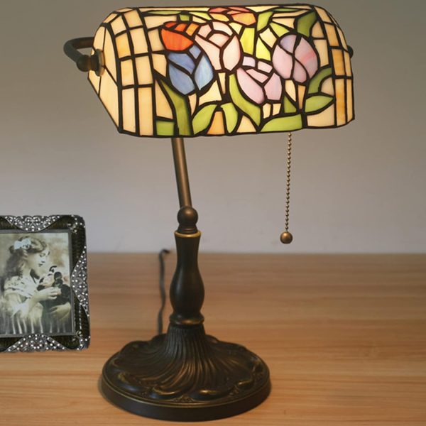 Bankers Table Lamp Stained Glass Piano Desk Lamp Vintage Bedroom Bedside Lamp for Study,Antique Alloy Base,Zipper Switch,Blue Baroque