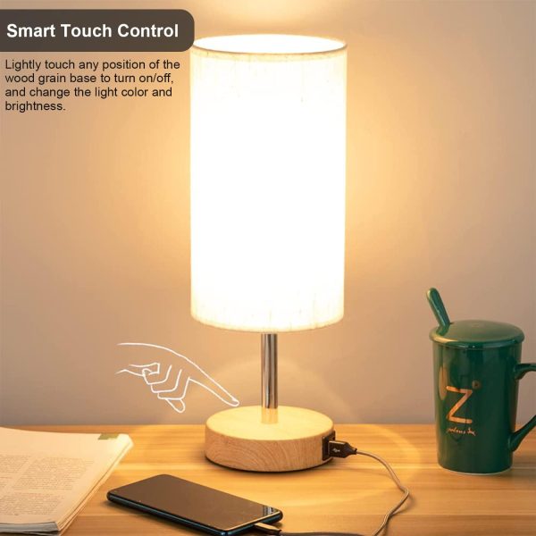 LED Bedside Lamp with USB Port Touch Control Table Lamp for Bedroom Wood 3 Way Dimmable Nightstand Lamp with Round Flaxen Fabric Shade for Living Room, Dorm, Home Office (LED Bulb Included)