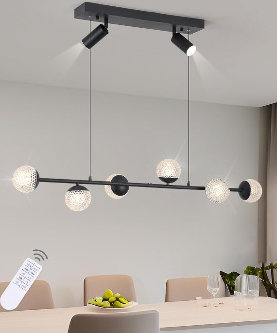 Modern Globe Pendant Light, 47in Dimmable LED Black Chandelier Light Fixture, Linear Hanging Pendant Light Fixtures Bubble Chandelier for Dining Room Table Kitchen Island Home (6-Bulb)
