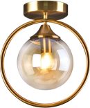Mid Century Modern Flush Mount Ceiling Light Small Brushed Gold Globe Semi Flush Mount Ceiling Light Anti Brass Round Schoolhouse Bathroom Ceiling Light Fixture, Amber, BC1054-A