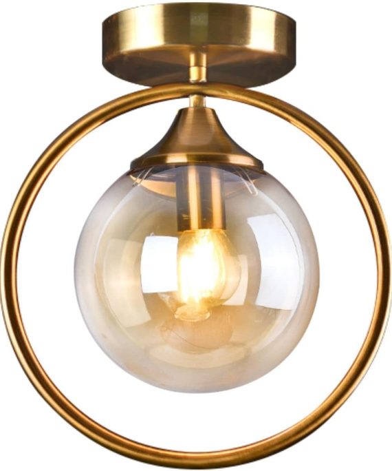 Mid Century Modern Flush Mount Ceiling Light Small Brushed Gold Globe Semi Flush Mount Ceiling Light Anti Brass Round Schoolhouse Bathroom Ceiling Light Fixture, Amber, BC1054-A