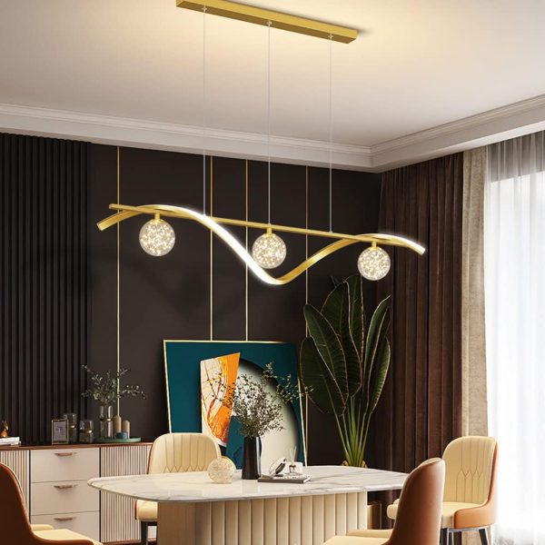 3 Lights Globe Pendant Lights For Dining Room 39.4Inch Spiral Led Living Room Light Fixture 30W Kitchen Island Lighting Fixture,Chandelier For Pool Table,black/gold needed