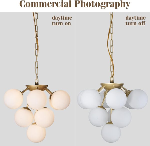 Modern 10-Lights Milk Opal Glass Globe Sputnik Chandelier, Satin Brass Molecule Magic Bean Shape of Grape Kitchen Island Pendant Light Fixture, Gold Mid Century Ceiling Hanging Light for Living Room