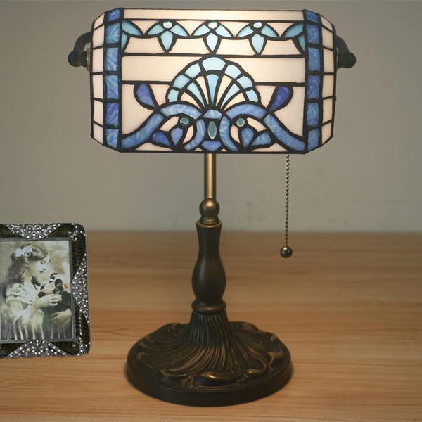Bankers Table Lamp Stained Glass Piano Desk Lamp Vintage Bedroom Bedside Lamp for Study,Antique Alloy Base,Zipper Switch,Blue Baroque