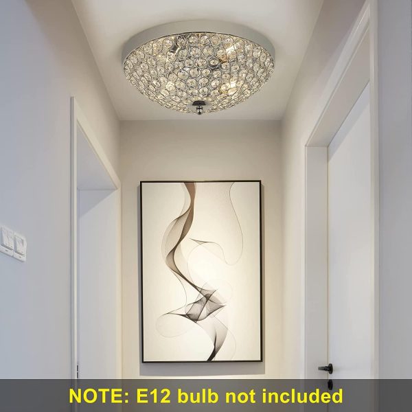 Modern Flush Mount Crystal Ceiling Light, 2-Light Small Chandelier Close to Ceiling Light Fixtures for Bedroom, Entryway, Foyer, Hallway, Dining Room, Chrome Finish Bowl Shape Shade E12