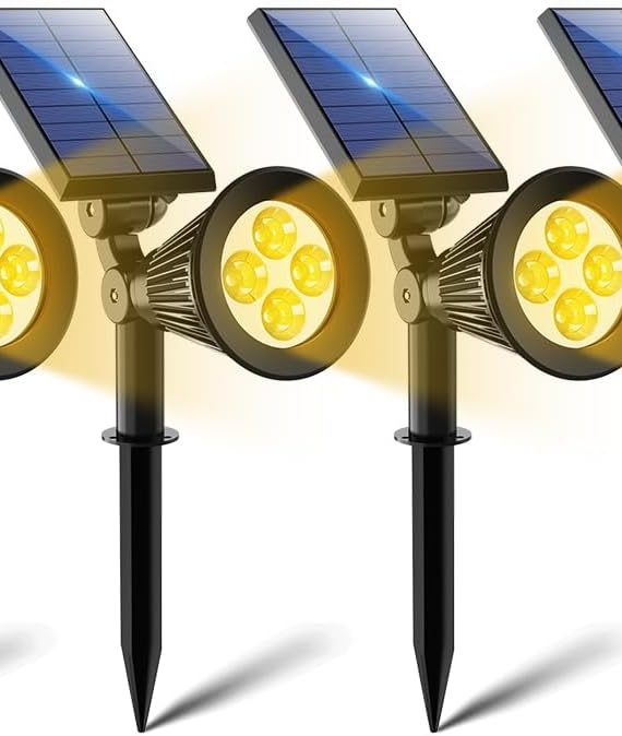 4 Pack Solar Powered Spotlights Outside Waterproof LED Outdoor Spot Lights Landscape Lighting for Tree, Flag, Wall, Yard, Garden, Backyard, Walkway, Super Bright Dust to Dawn Uplighting (Warm White)