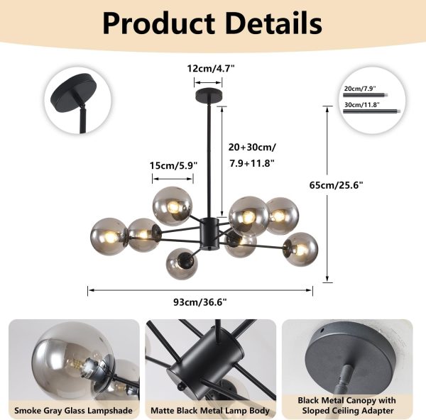 Mid Century Modern Matte Black Chandelier 8-Lights Globe Glass Ball Chandelier Flush Mount Ceiling Light Industrial Vintage Farmhouse Kitchen Island Pendant Lighting Fixture, BP1106-BS