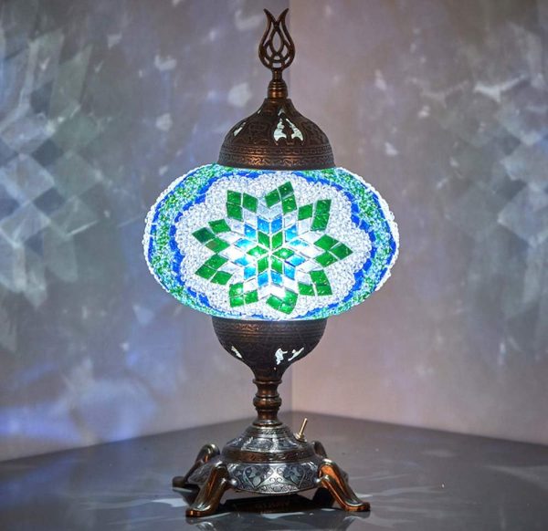 (15 Colors) Battery Operated Mosaic Table Lamp with Built-in LED Bulb, Turkish Moroccan Handmade Mosaic Table Desk Bedside Mood Accent Night Lamp Light Lampshade with LED Bulb,No Cord (Teal)