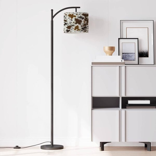 Modern Arc Floor Lamp with Dimmer Mid Century Cow Leather Skin Brown Metal Standing Lamp with Linen Shade Footswitch for Living Room Bedroom Office