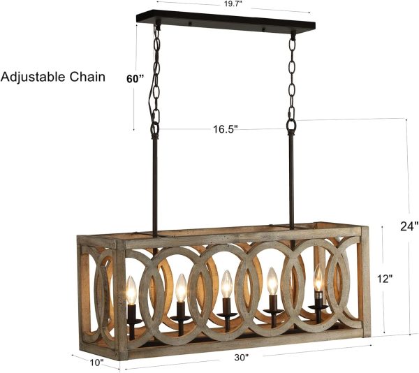 5-Light Farmhouse Kitchen Island Chandelier Rectangular Dining Room Lights Fixtures Over Table, 30" Linear Rustic Wood Ceiling Pendant Hanging Lighting Pool Table Light Fixture for Restaurant