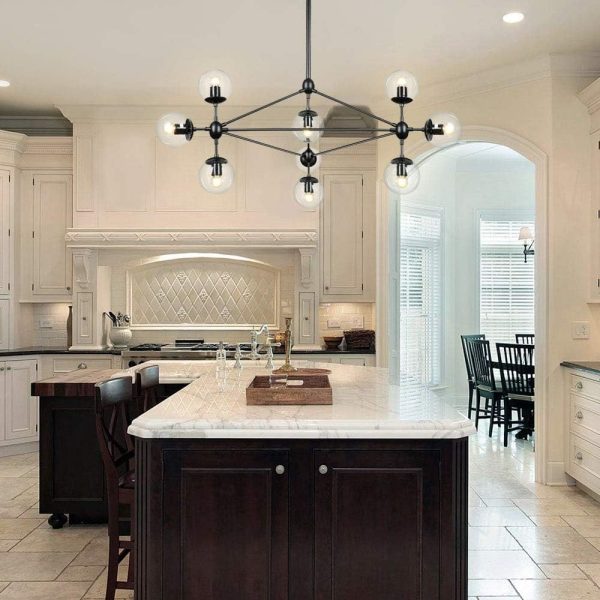 10-Light Chandelier Black Finish with Globe Glass Shade, Modern Chandelier for Kitchen Island Dining Room Living Room