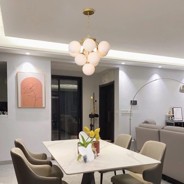 Modern 10-Lights Milk Opal Glass Globe Sputnik Chandelier, Satin Brass Molecule Magic Bean Shape of Grape Kitchen Island Pendant Light Fixture, Gold Mid Century Ceiling Hanging Light for Living Room