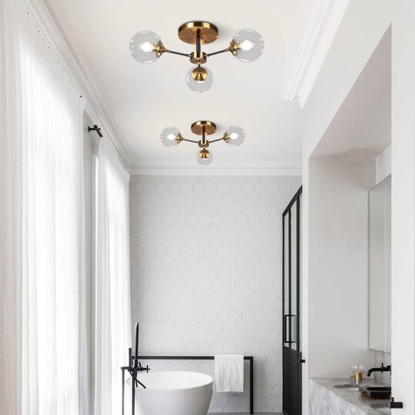 Lighting Mid-Century Modern Semi Flush Mount Ceiling Light 3-Light Clear Glass Bubble Chandelier Black Gold Sputnik Close to Ceiling Light Industrial Semi Flush Mount Ceiling Light (Clear)