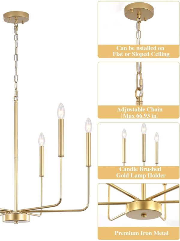 Gold Chandelier Light Fixtures Ceiling 6 Lights Hanging Modern Farmhouse Chandelier for Dining Room, Light Gold Pendant Lamp for Kitchen Island Living Room Foyer Bedroom