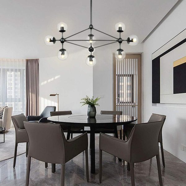 10-Light Chandelier Black Finish with Globe Glass Shade, Modern Chandelier for Kitchen Island Dining Room Living Room