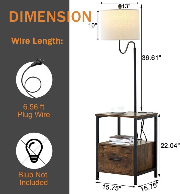 Floor Lamp with Table, Wooden End Table with Lamp Attached with USB Port and Outlets, Rustic Bedside Nightstand Lamp with Shelves for Living Room Bedroom Home Office, Brown, LY0033