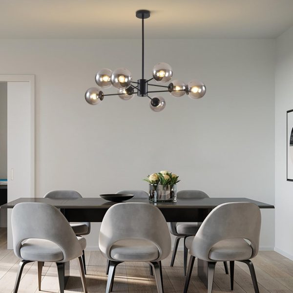 Mid Century Modern Matte Black Chandelier 8-Lights Globe Glass Ball Chandelier Flush Mount Ceiling Light Industrial Vintage Farmhouse Kitchen Island Pendant Lighting Fixture, BP1106-BS