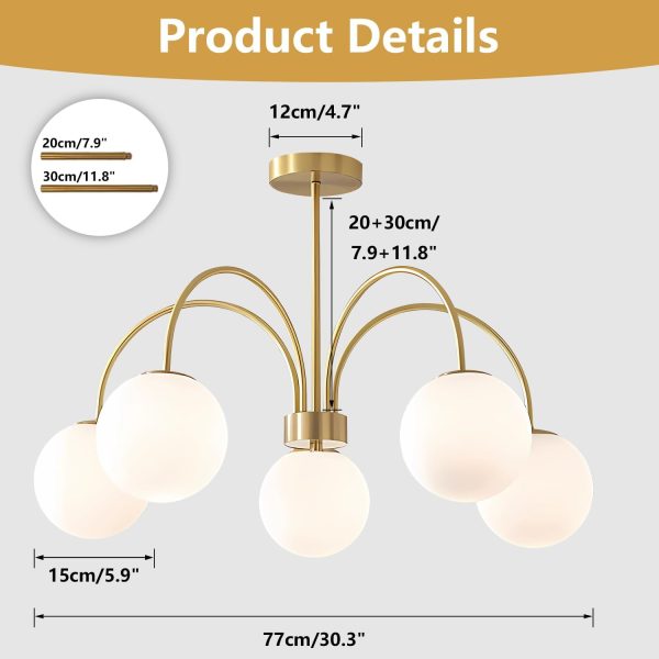 Mid Century Modern Gold Chandelier Large 5 Light White Globe Sputnik Chandelier Height Adjustable Milk Glass Hanging Pendant Lights Kitchen Island Vintage Dining Room Brass Ball Chandelier