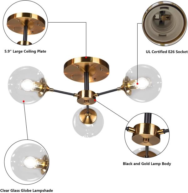 Lighting Mid-Century Modern Semi Flush Mount Ceiling Light 3-Light Clear Glass Bubble Chandelier Black Gold Sputnik Close to Ceiling Light Industrial Semi Flush Mount Ceiling Light (Clear)