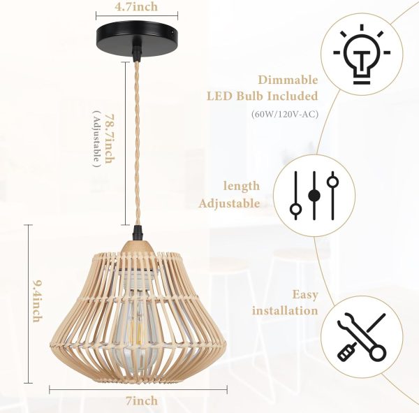 Farmhouse Rattan Pendant Lights, Boho Ceiling Chandelier Light Fixture, Natural Bamboo Shade, Cage Basket Pendant Hanging for Dining Room Living Room Kitchen Bedroom, P1011