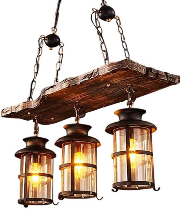Wood Retro Pendant Lighting Industrial Vintage Chandelier Black Metal Bedroom Restaurant Suspension Lamp Cage Frame with Glass Shade House Loft Bar Coffee Decoration Ceiling Lights Fitting, E27